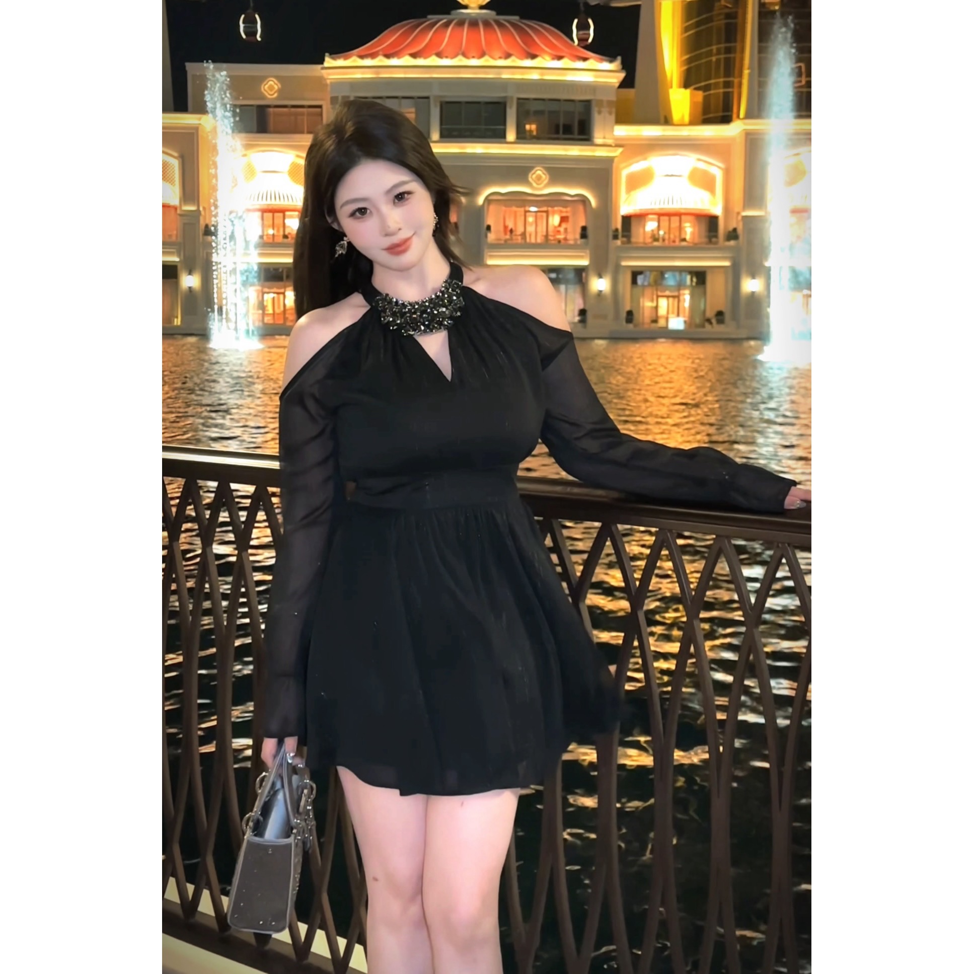 现货 【巴黎之夜】黑色烫闪古早千金重工镶钻连衣裙 L1736