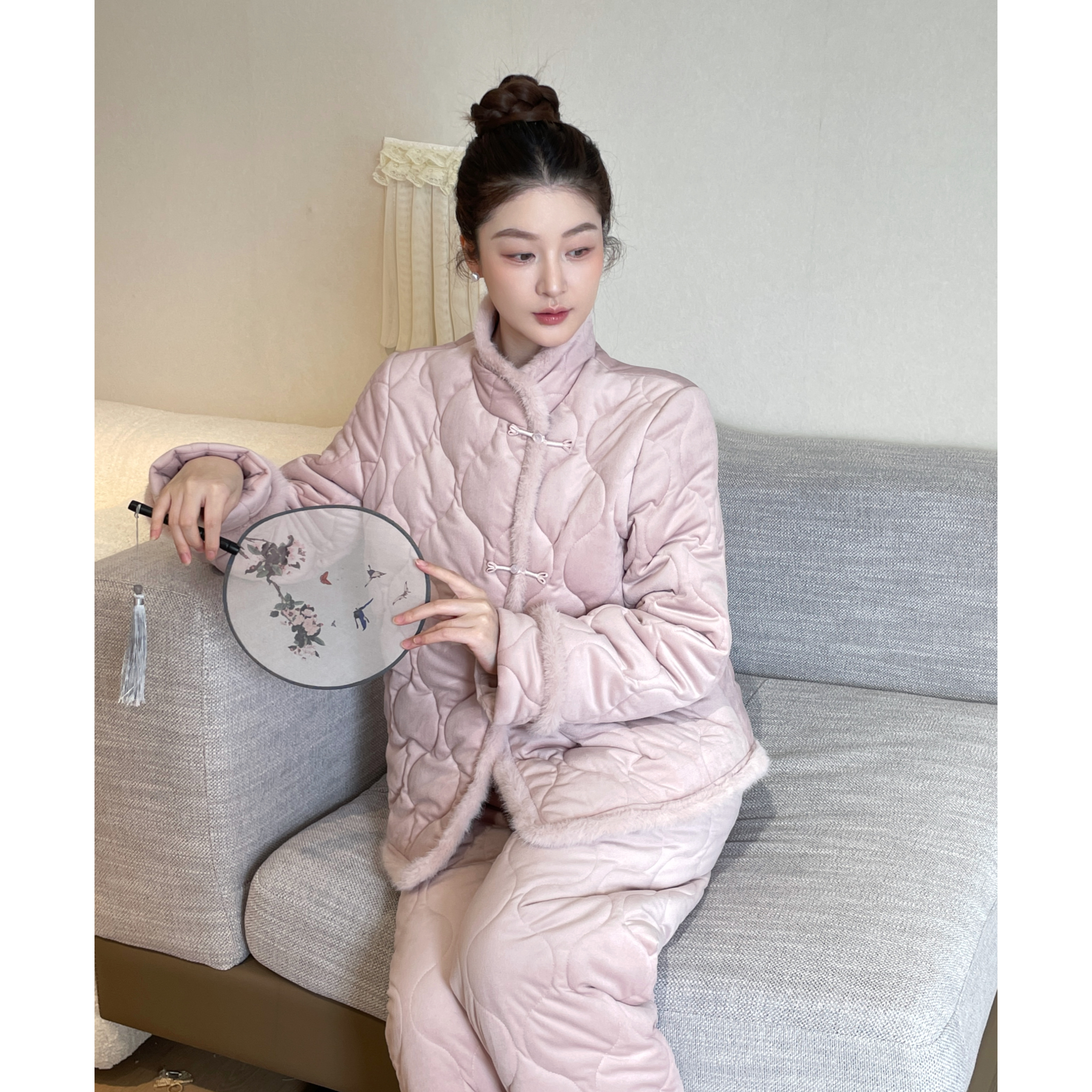 豆豆2【蔓桃】新中式夹棉厚绒两件套家居服显白可外穿睡衣套装女