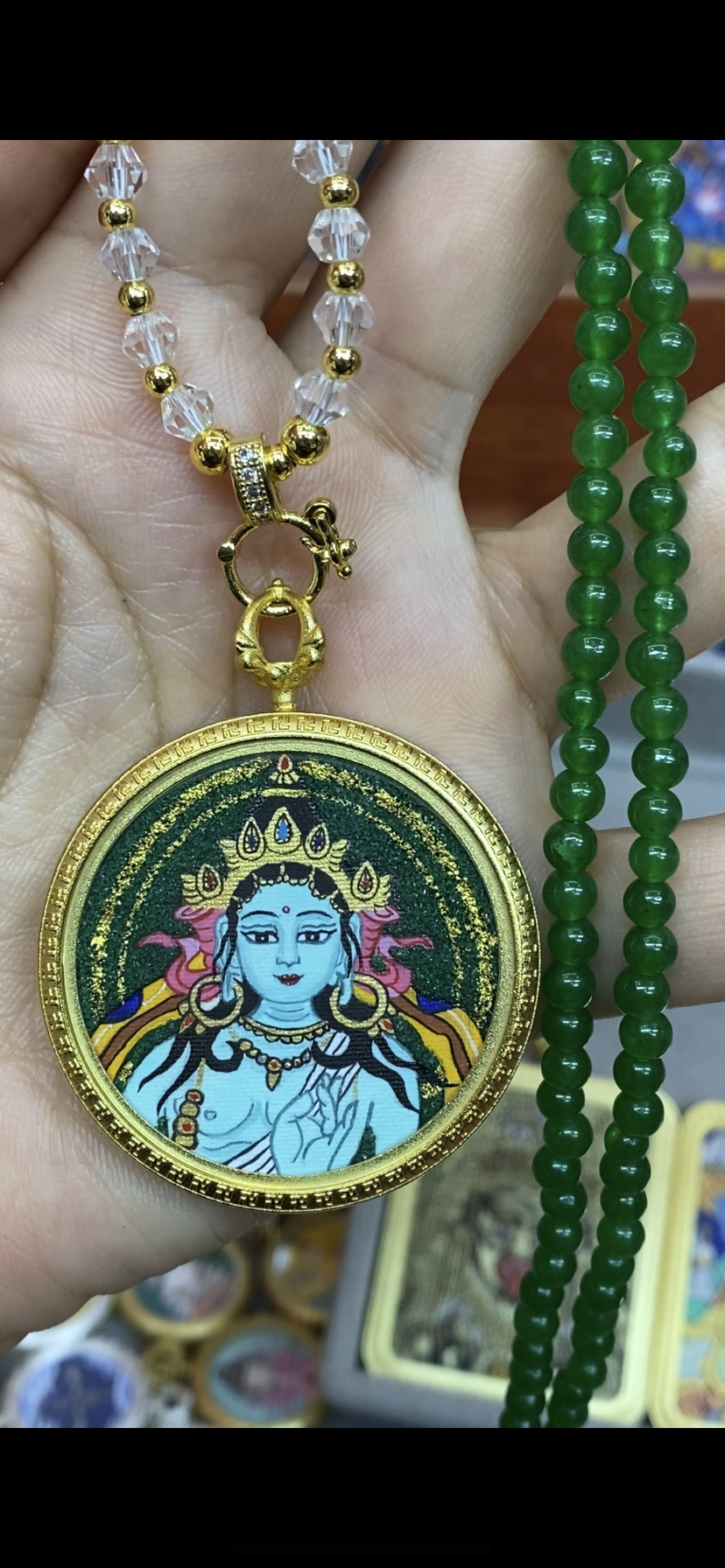 钛钢吊坠 唐卡之家.粗矿砂绿度母，尺寸3.5