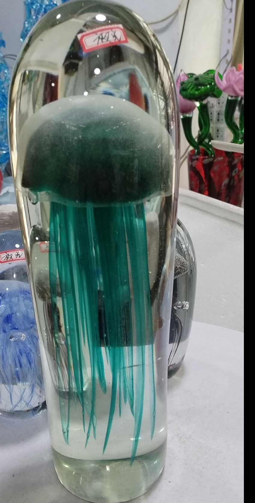 手工琉璃绿色大号水母桌面摆件