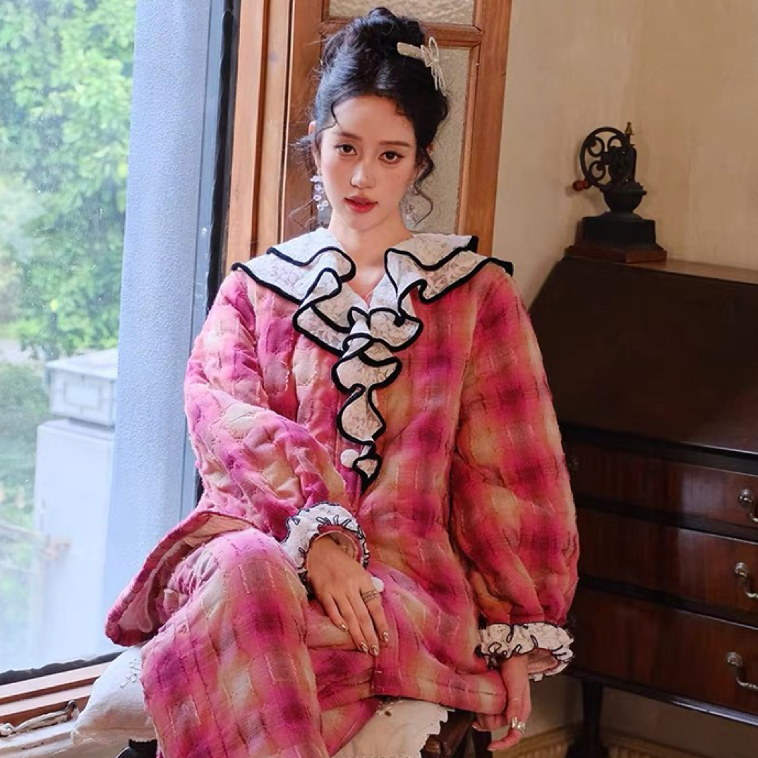 原创可外穿三层加厚夹棉睡衣两件套宽松加棉服加绒家居服套装冬新