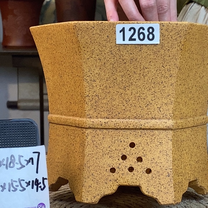 天***蓝花盆紫砂  新品福利柴烧收腰六方1268