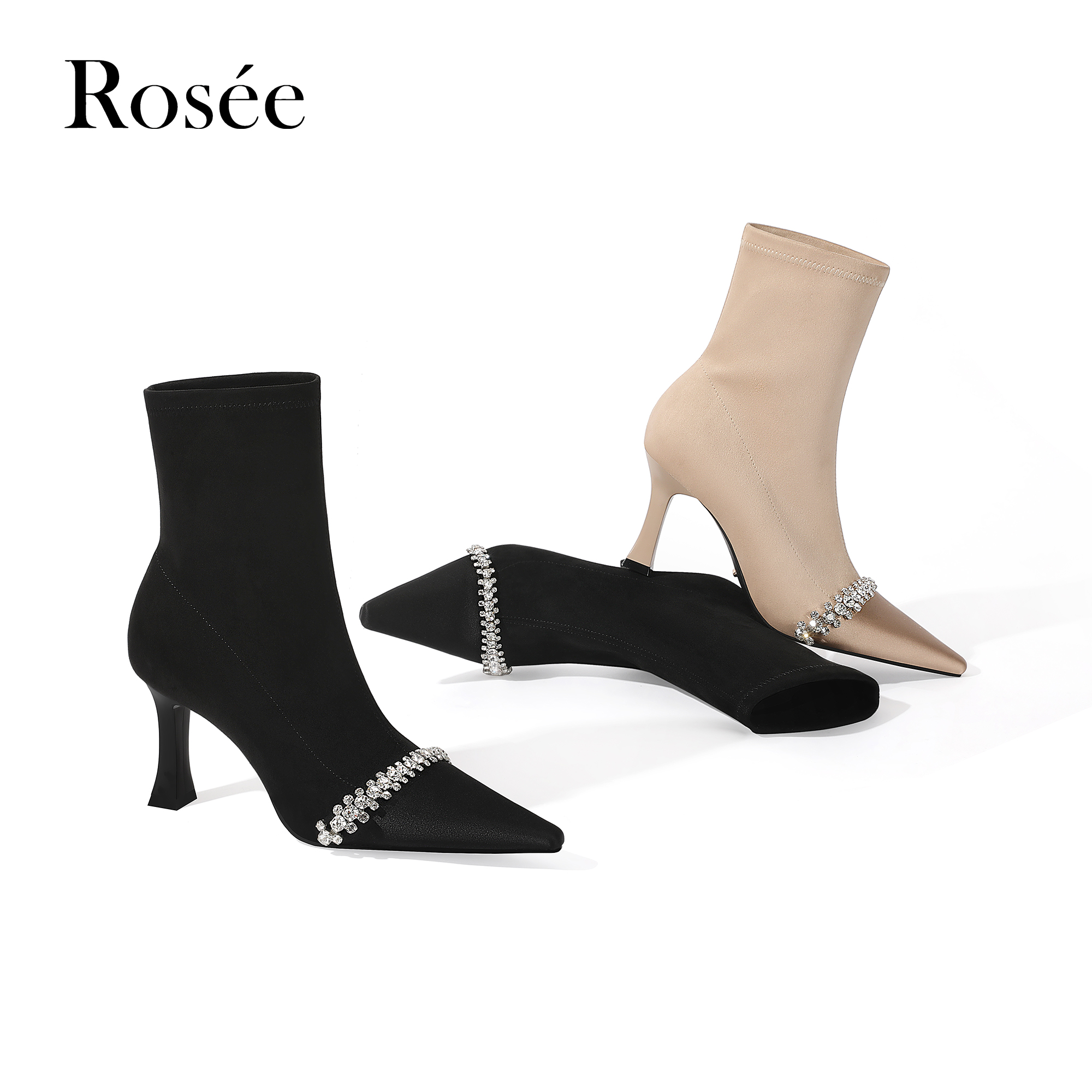 【跟高7cm】2025年冬季新款纯色尖头细跟高跟靴套筒气质时尚百搭