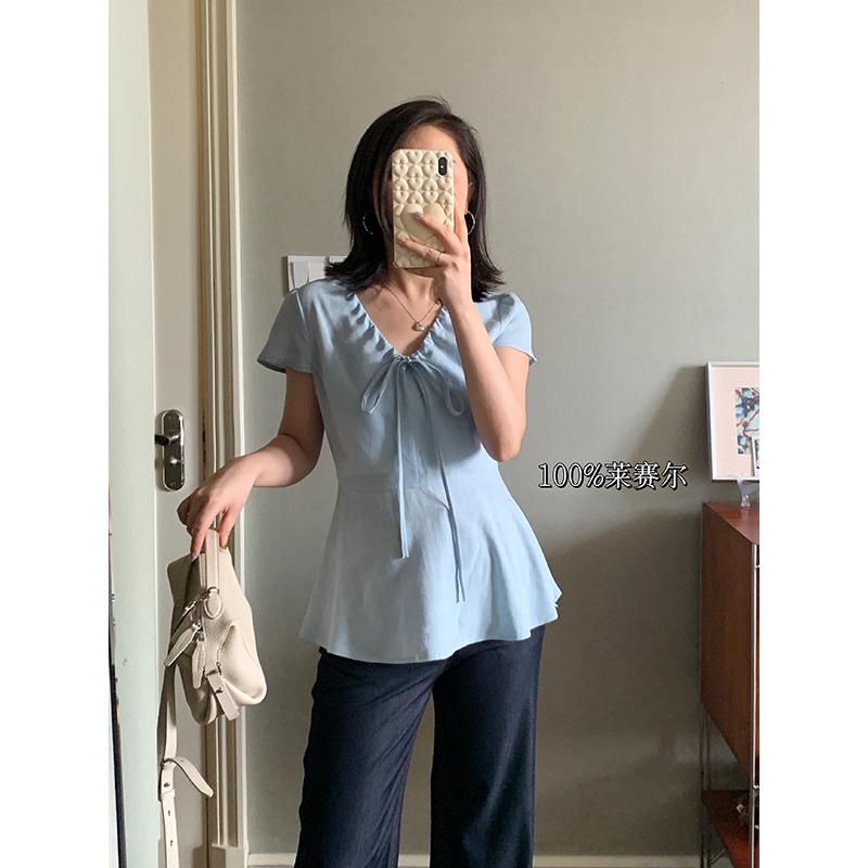 【现货清仓】花总吖 baby蓝短袖衬衫V领抽绳荷叶领短袖R425C11031