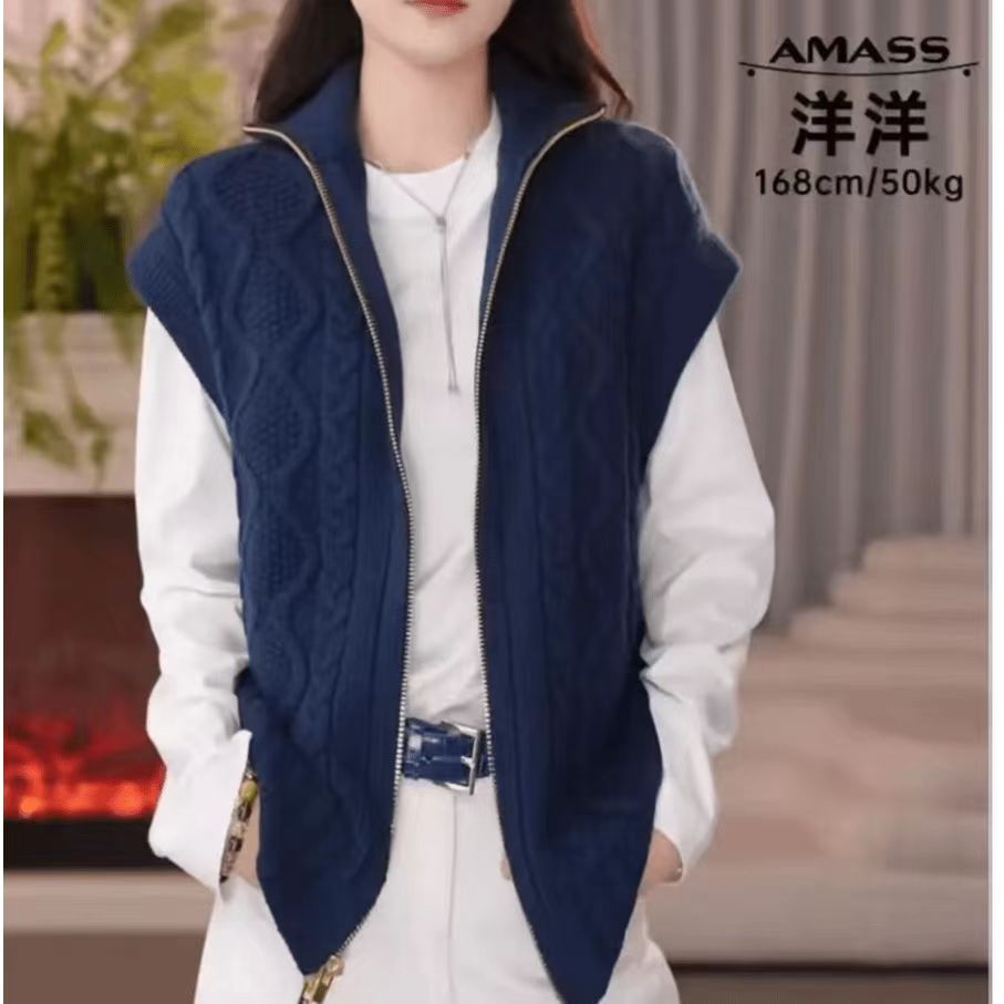 AMASS/阿玛施针织马甲网红蓝色时尚休闲百搭连帽马夹拼接548069