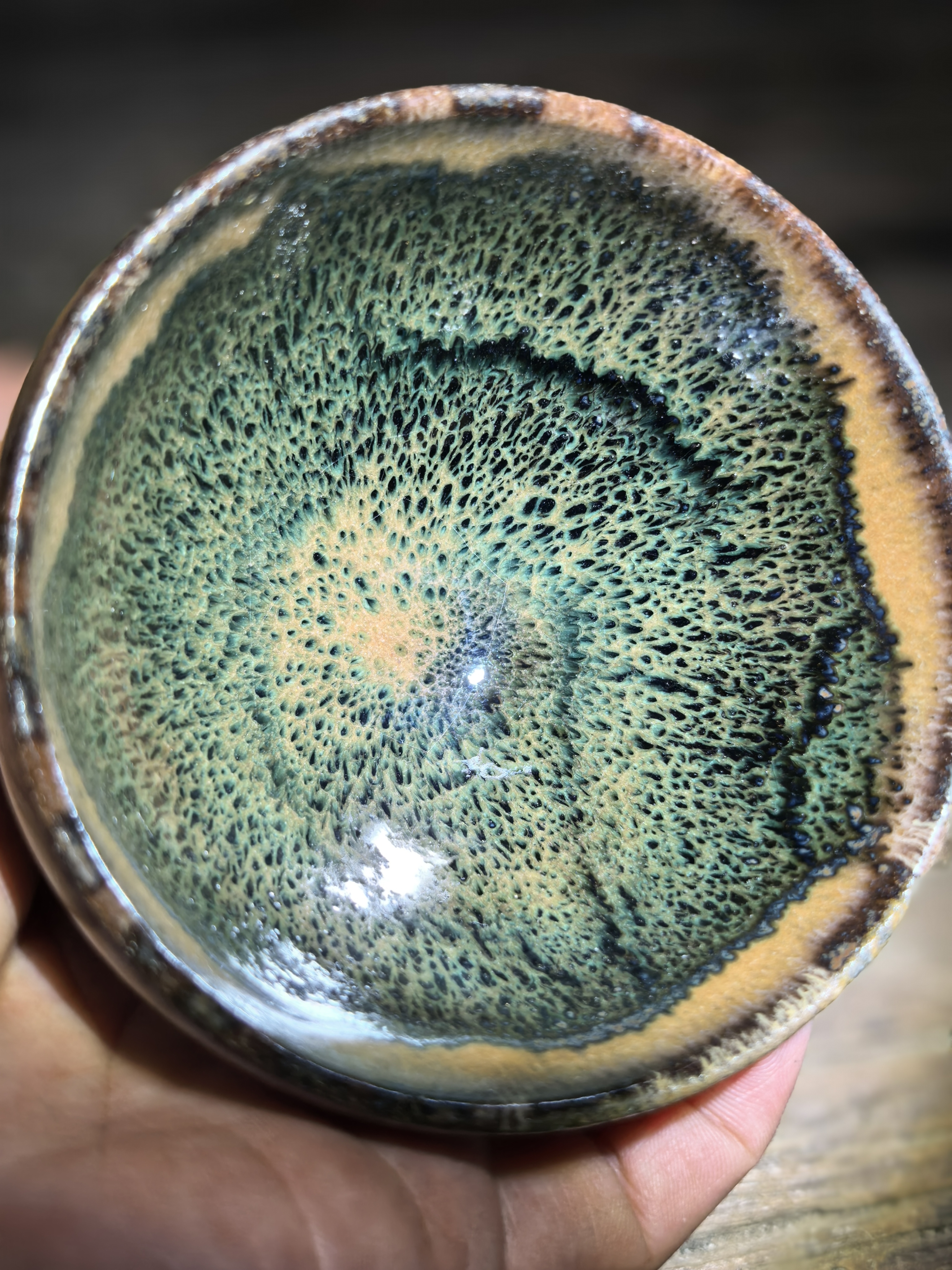 通天窑柴烧落灰烧窑变绿玉带黑毫盏