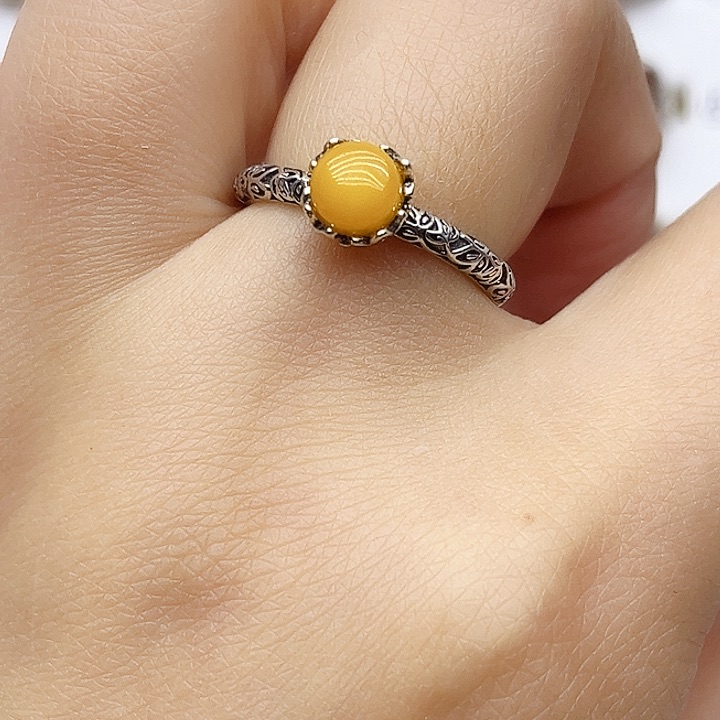 蜜蜡戒指银S925镶嵌天然