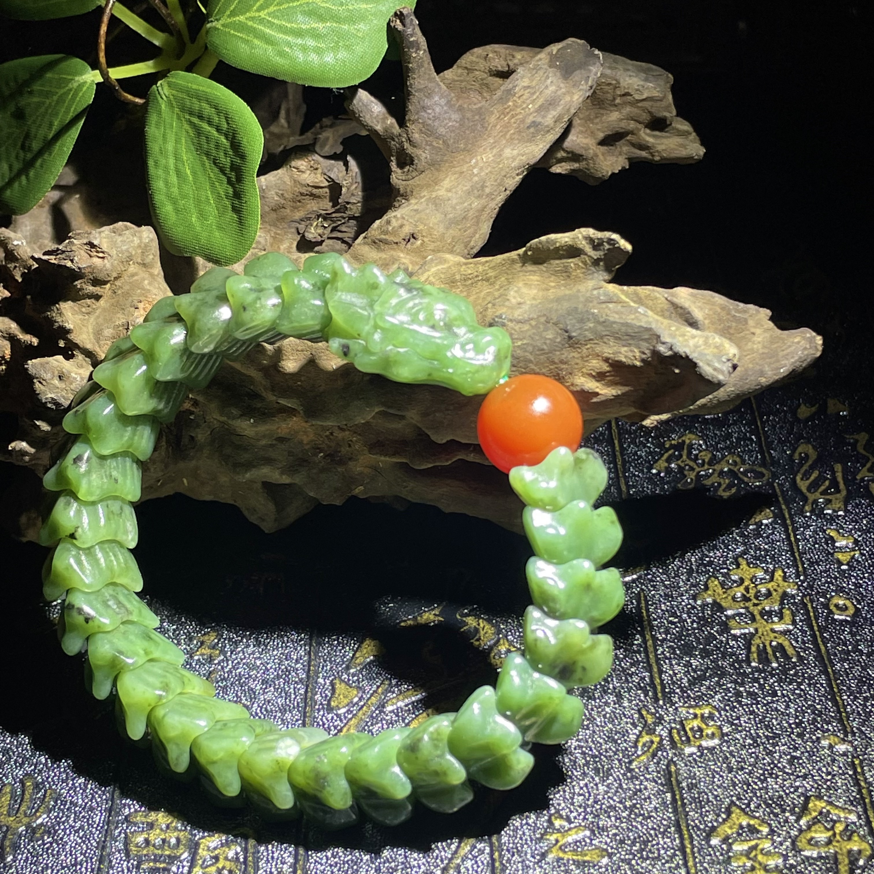 和田玉碧玉手串纯手工龙骨手串 俄碧菠菜绿手链特色男女款