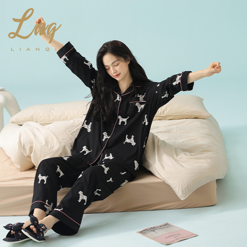 睡衣女春季棉拉架黑色狗狗开衫长袖长裤套装宽松大码家居服潮3293