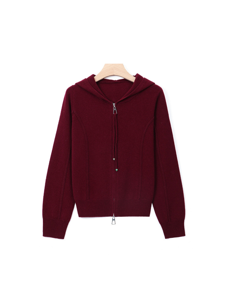 （徐琼专属）100%绵阳毛 女士时尚连帽针织衫 双拉链开衫上衣女