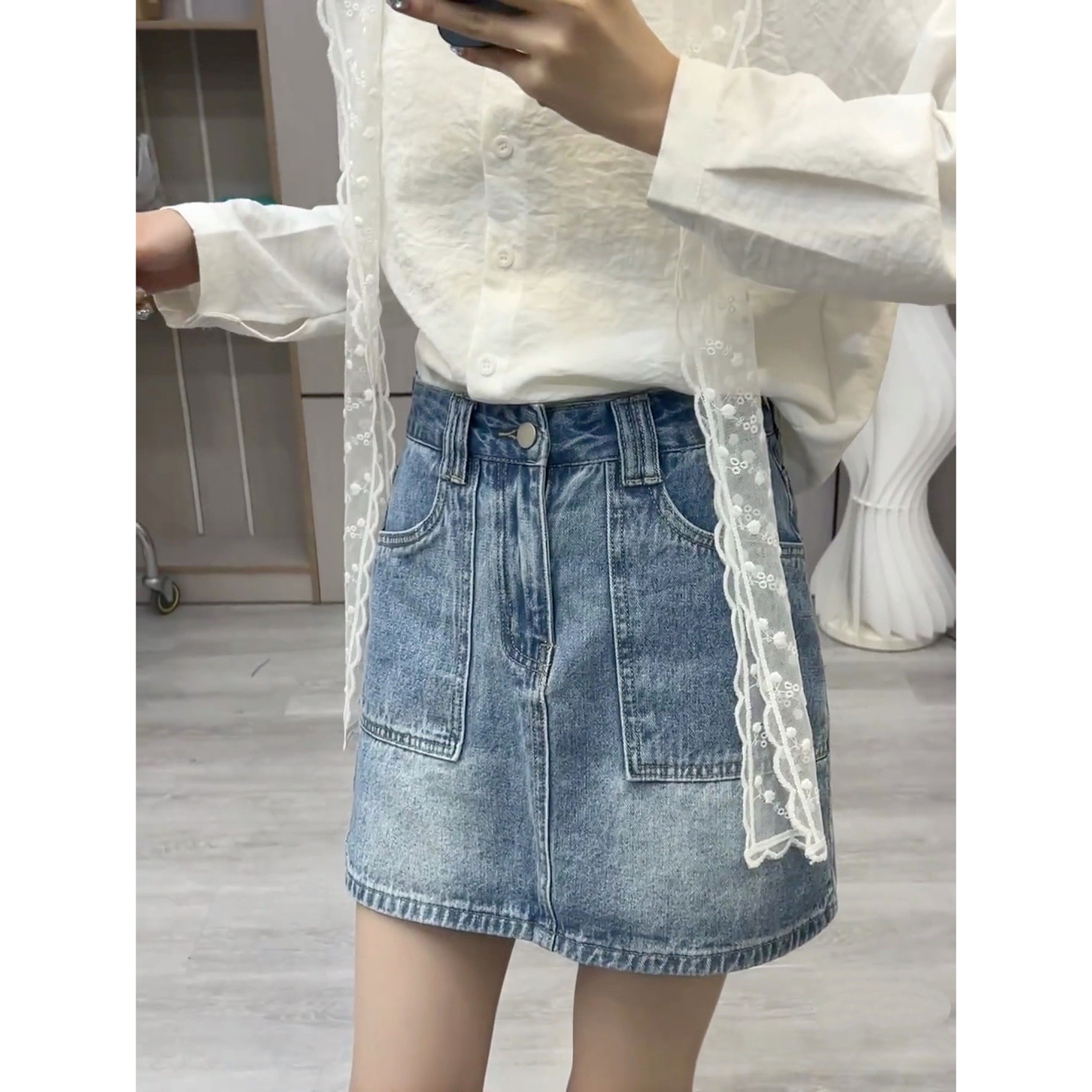 【带安全裤】高腰牛仔半身裙女夏季复古百搭显瘦包臀a字短裙7522 Q