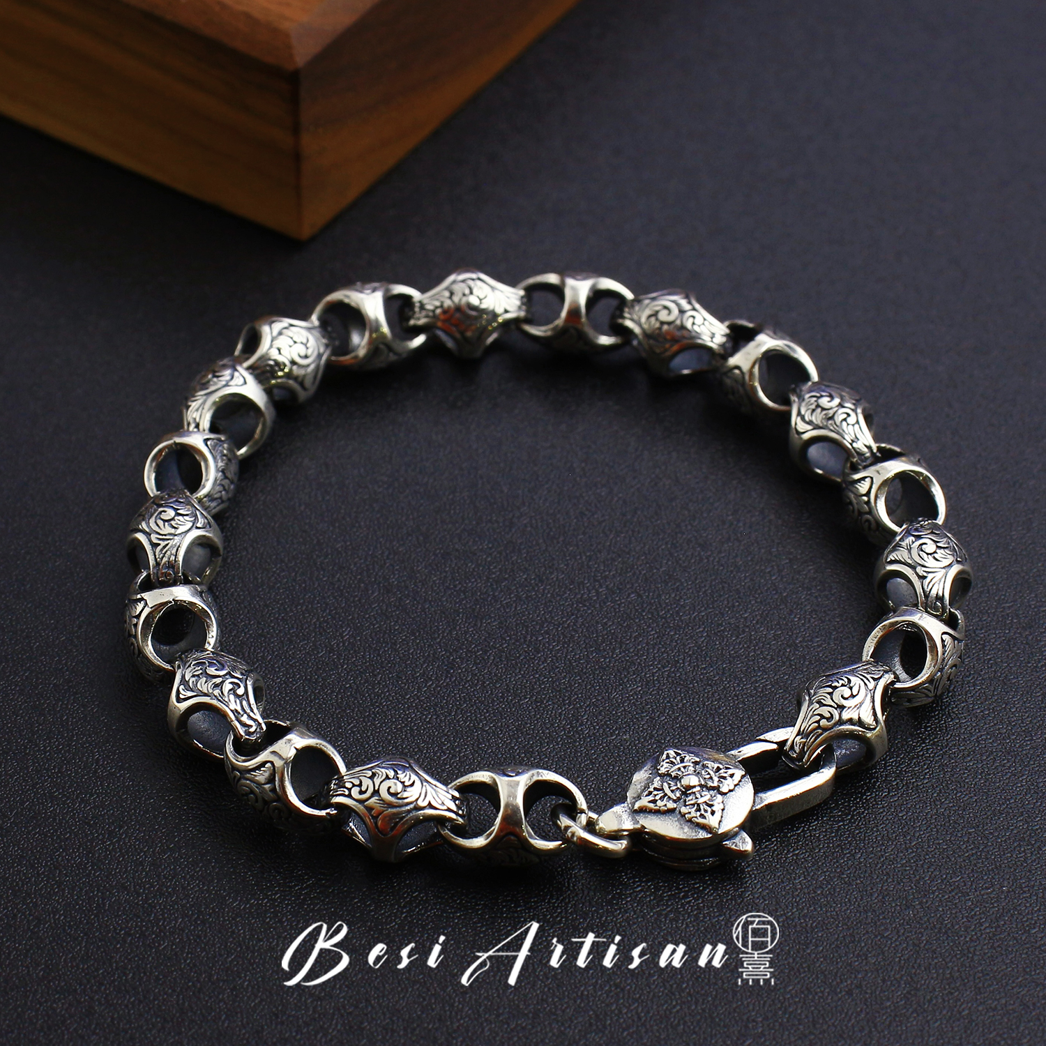 925银手链 唐草纹O字男士手链时尚潮流百搭朋克民族风降魔杵手饰