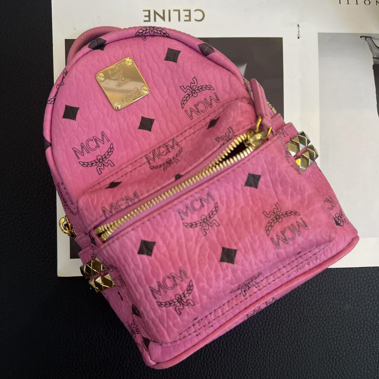 95新 MCM 大麦中古/mcm粉色双肩包/mini