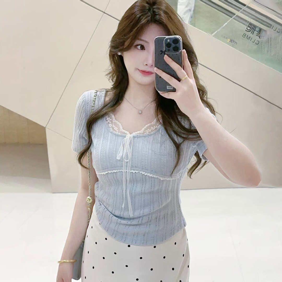 【6716】大码女装胖mm法式镂空短袖蕾丝上衣夏季小众气质T恤