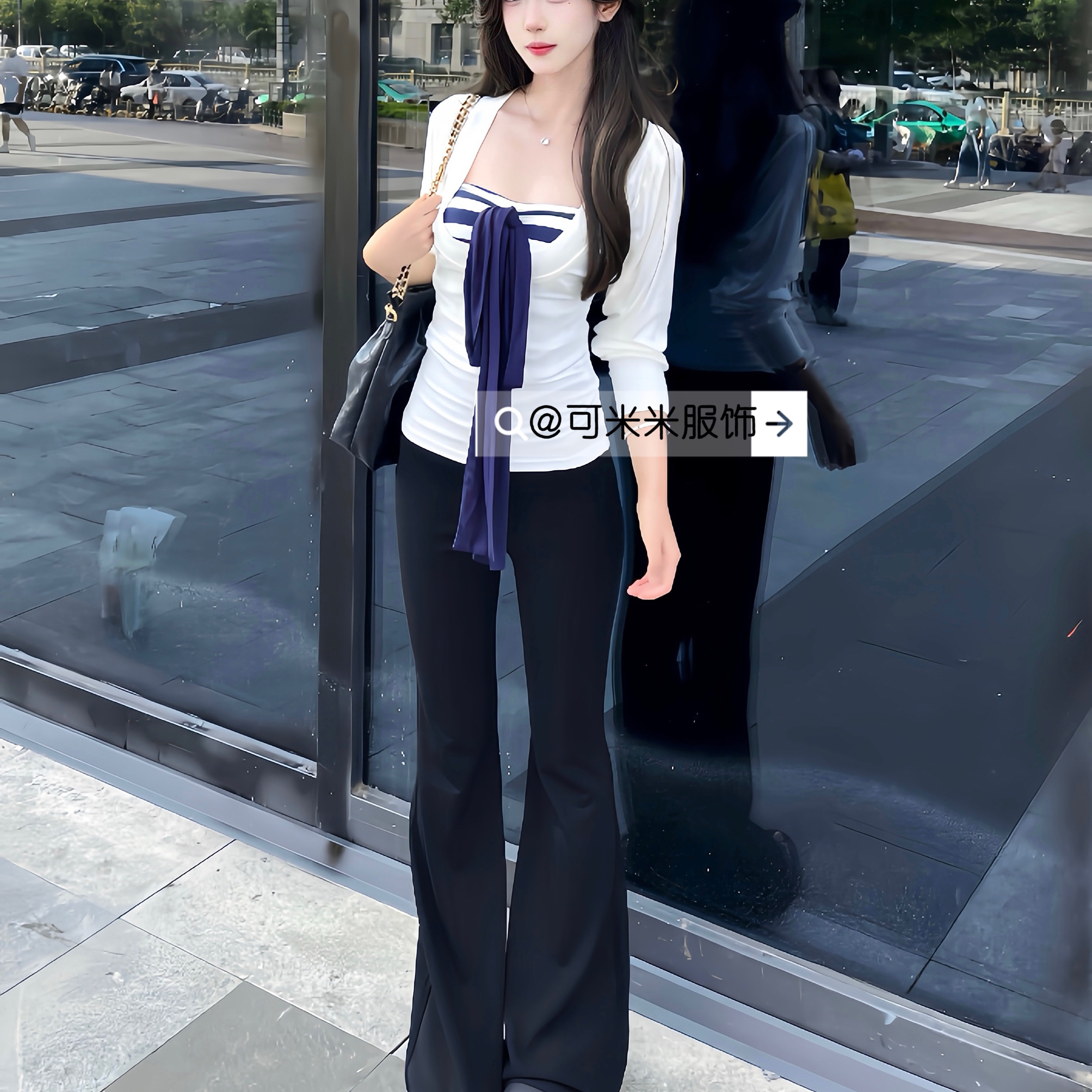 慵懒风白色长袖罩衫外套女秋季内搭条纹抹胸背心上衣两件套装