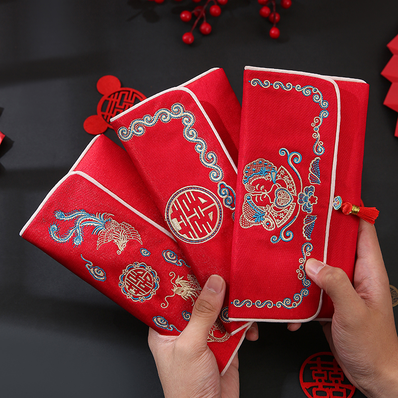 高档刺绣婚庆红包结婚订婚长辈敬茶改口费万元龙凤布艺利是封红包