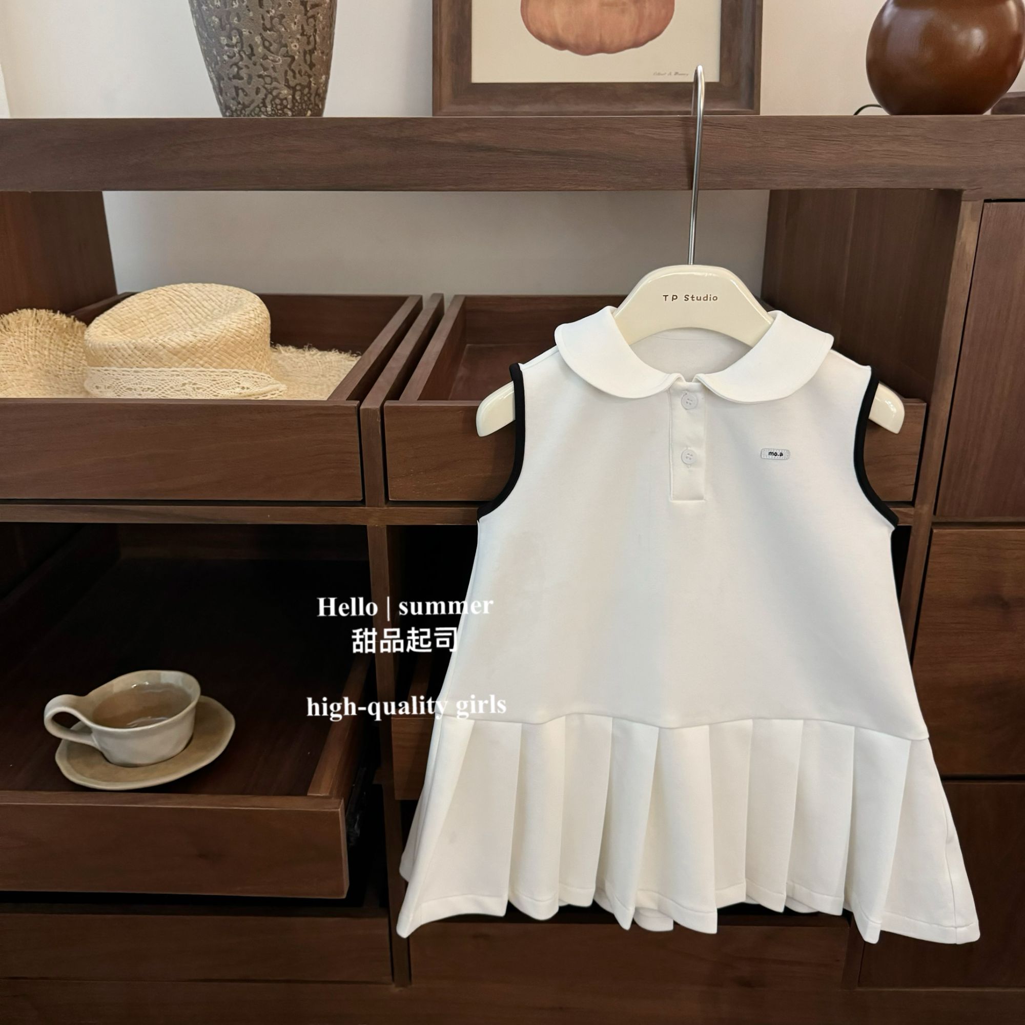 【甜品起司】奶乖学院！韩国童装女宝宝背心裙子Polo领百褶公主裙