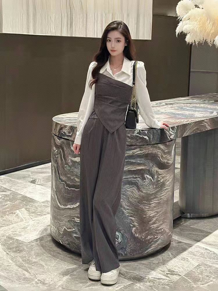 W229 秋季流行穿搭气质通勤条纹衬衫两件套