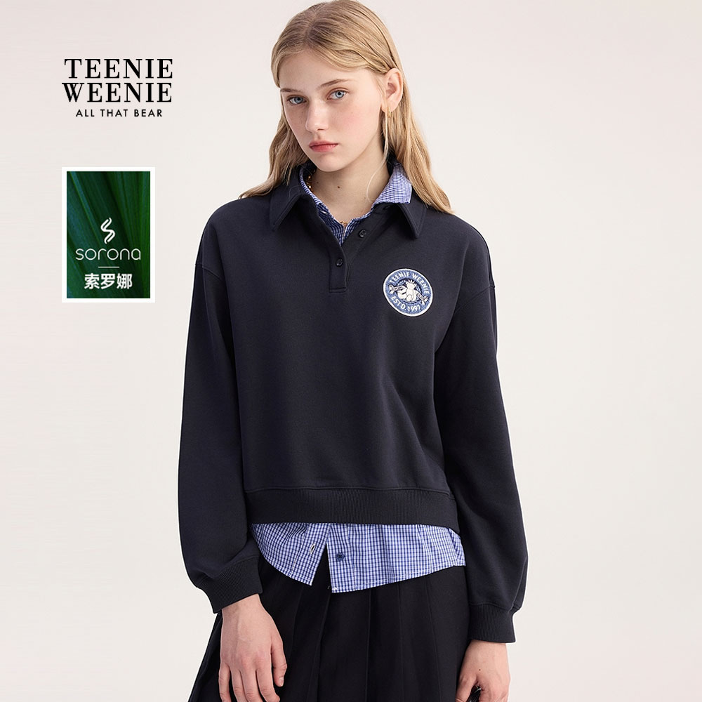 TeenieWeenie小熊女卫衣25秋时髦格纹拼接假两件上衣TTMA254901W