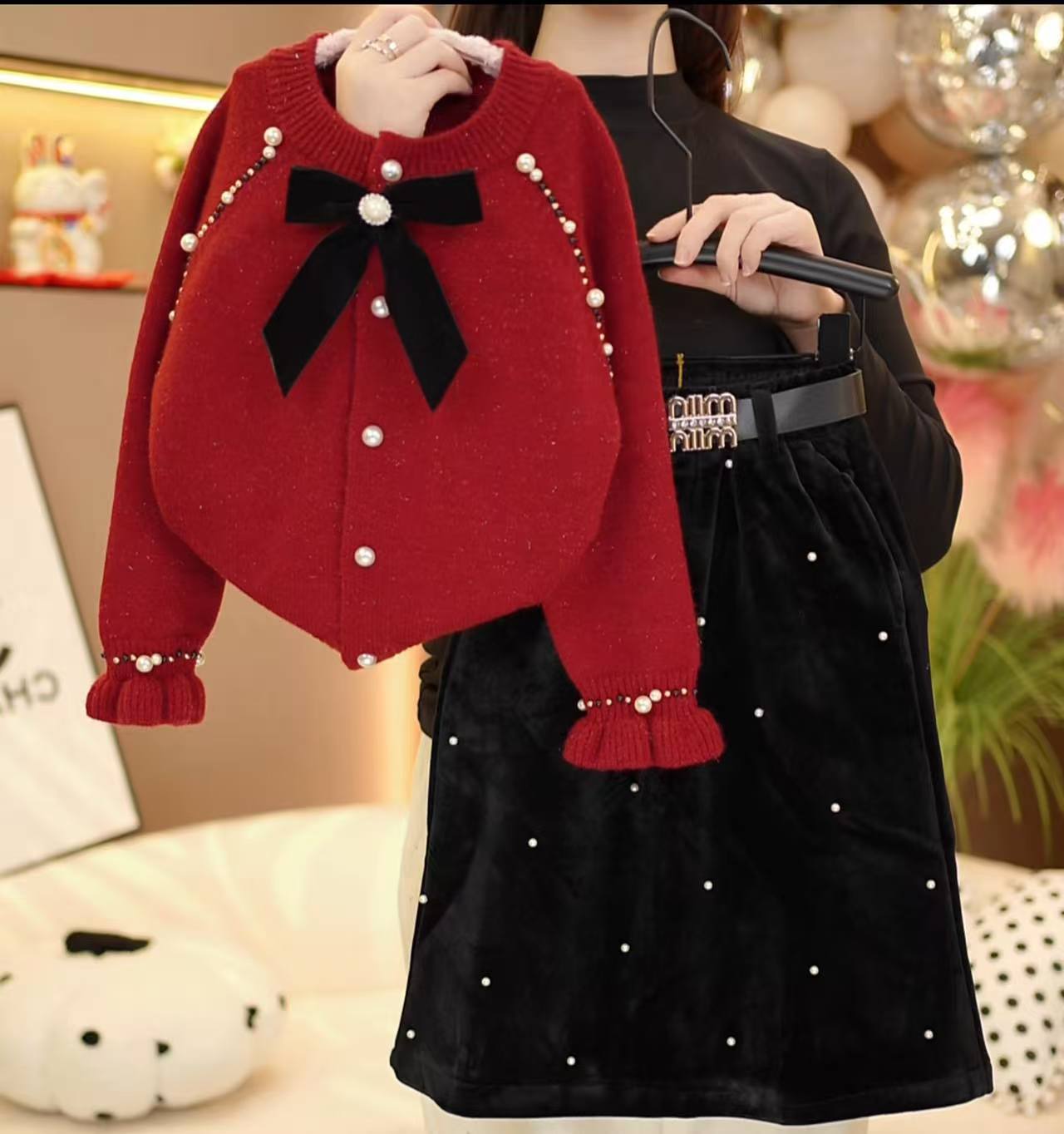 女童2025冬季新款小香风洋气黄色开衫毛衣裙套装8906