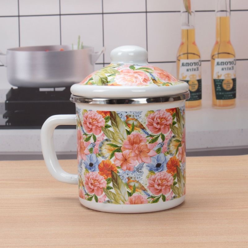 [带盖] 10公分珐琅搪瓷加厚仲夏蔷薇茶杯一个