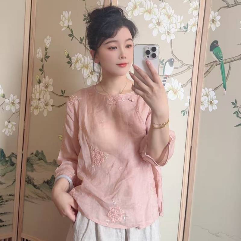 82566 国风中式刺绣斜襟苎麻衬衫女2025夏季新款洋气百搭时尚上衣
