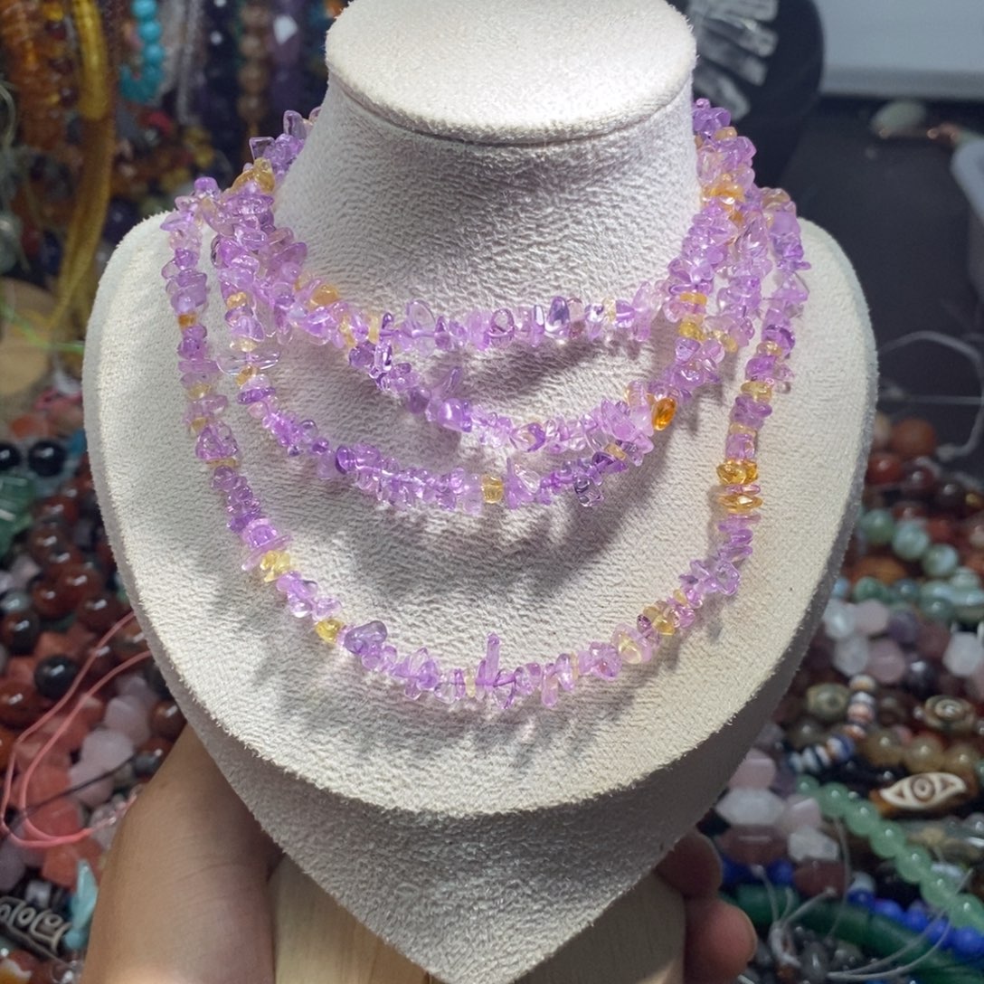 未镶嵌，天然紫黄晶随行，绕手四圈加长款，石英质玉