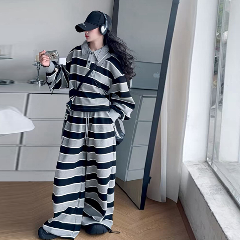【毛妈潮牌】女童春秋宽松条纹运动套装2025新款大童韩版休闲两件套