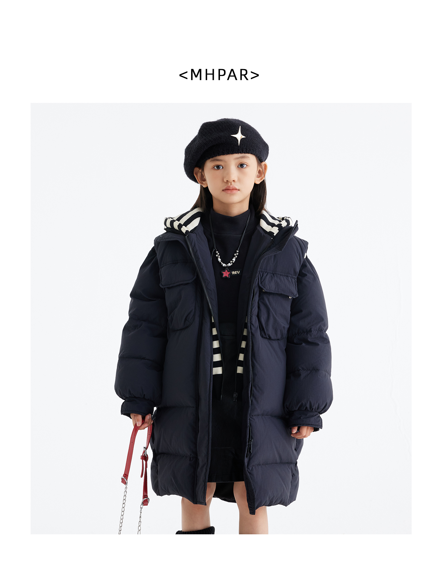 MHPAR<黑色黑白条连帽羽绒服>245583
