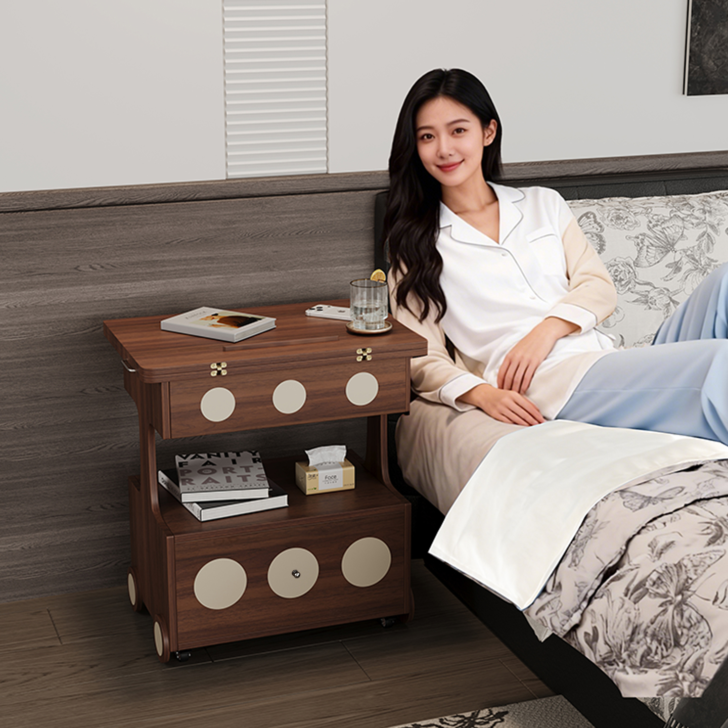 威展实木中古风茶几折叠边几沙发边柜床头柜移动推车沙发侧边柜