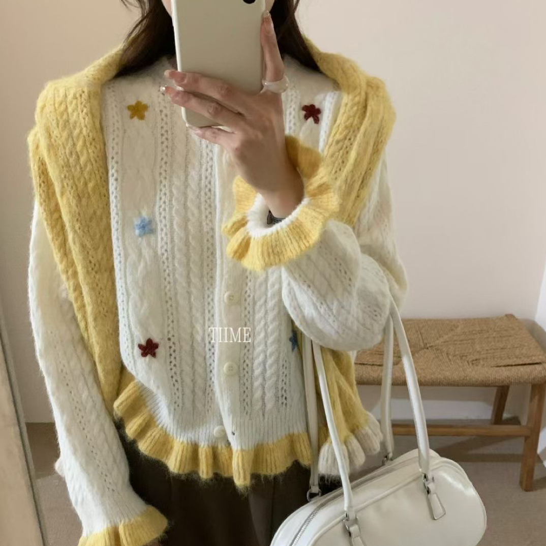 花朵上衣甜美清新可爱毛针织衫圆领宽松针织衫百搭