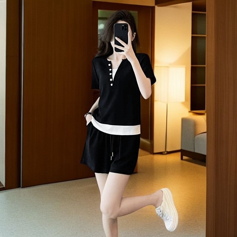 休闲套装运动套装夏季2025新款时尚简约两件短袖阔腿裤两件套