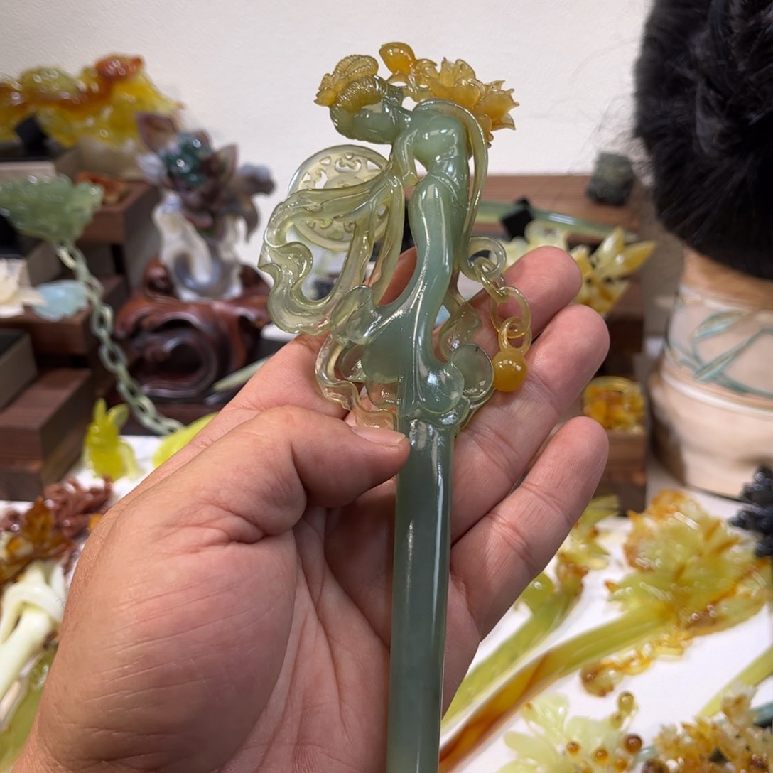 蛇纹石玉发簪合金微**合