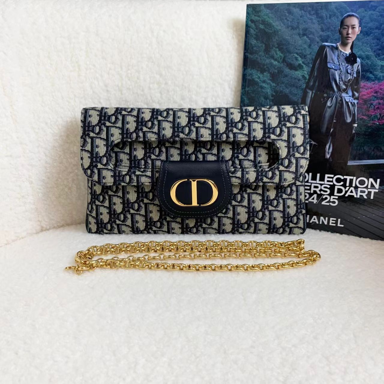 99新 DIOR/迪奥 壹臻/老花刺绣double大号手拿链条包 17843727