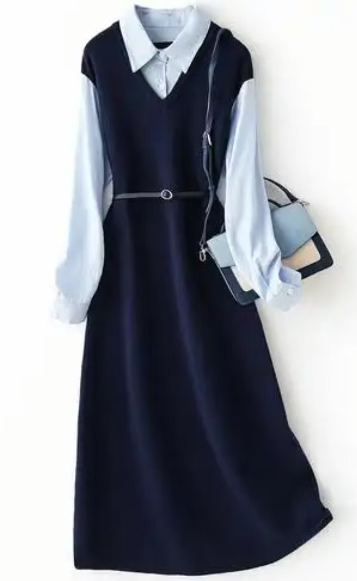 套头款时尚长袖针织休闲中长款连衣裙