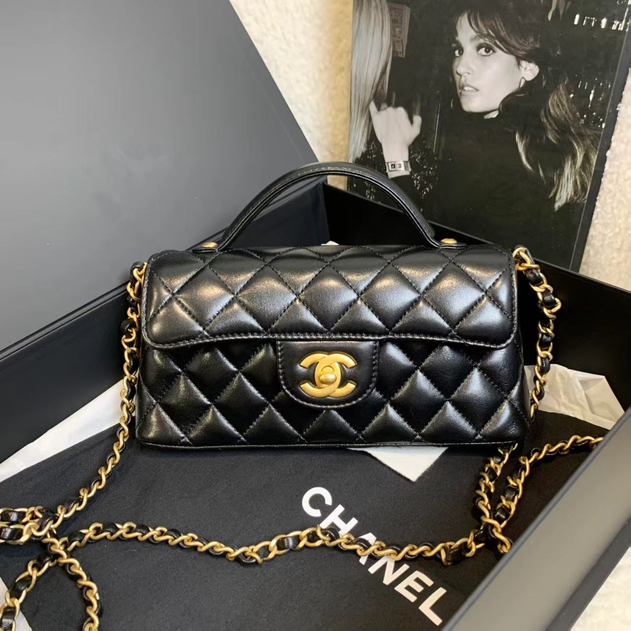 全新未使用 Chanel/香奈儿 壹臻/25p黑金羊手柄法棍包 72428105