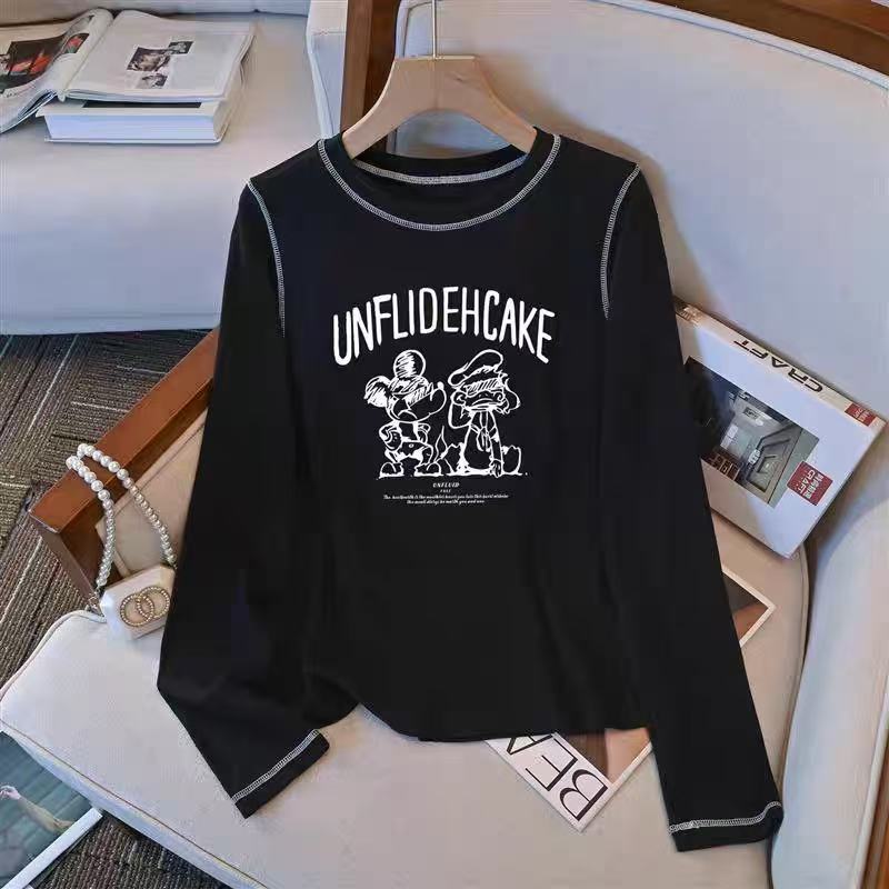 大码女装2025春季新款卡通字母上衣韩版遮肚子显瘦长袖打底衫上衣