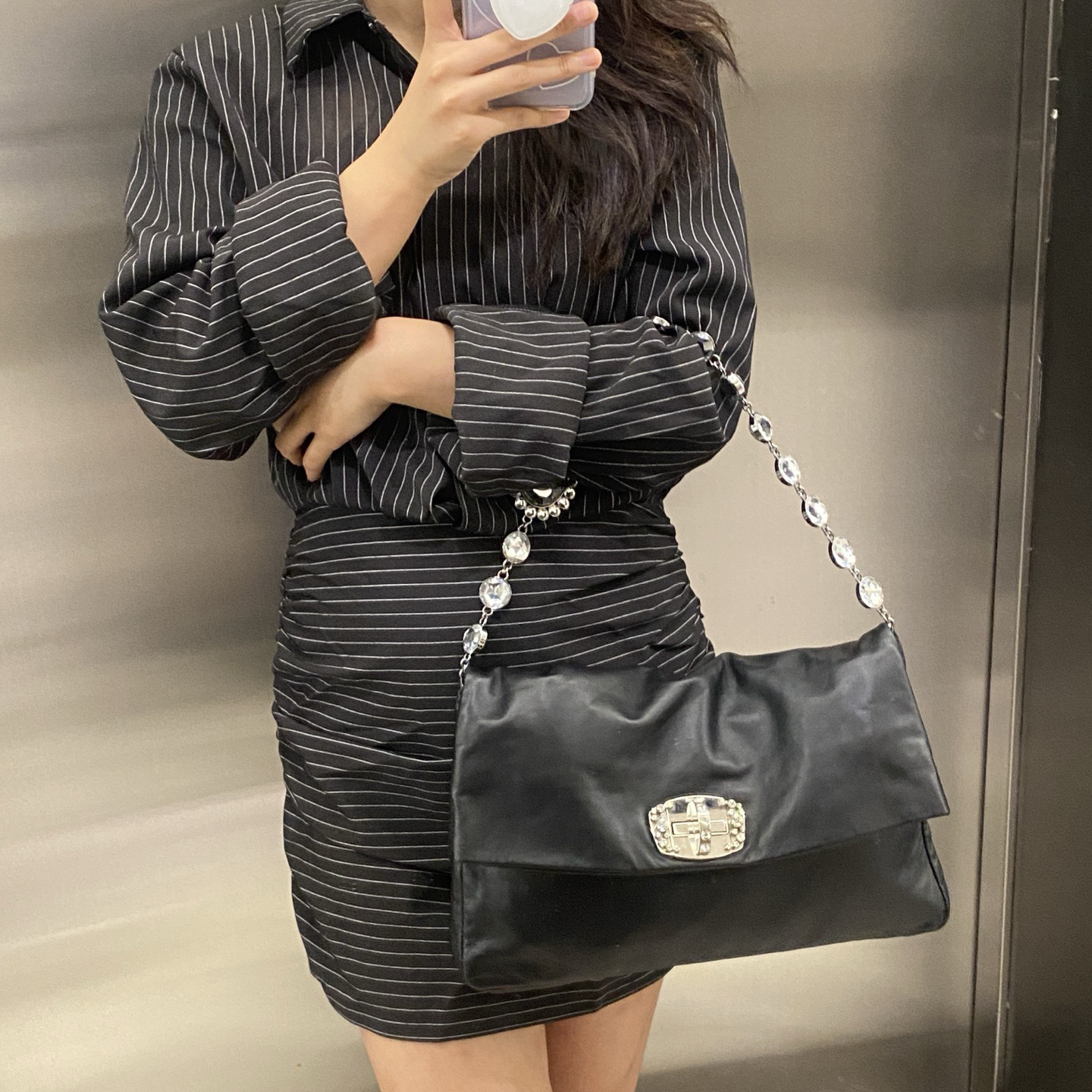 95新 MIU MIU/缪缪 miumiu黑银宝石链条包