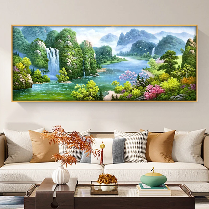 手绘油画青山绿水挂画新中式靠山画客厅沙发装饰画高山流水风景画