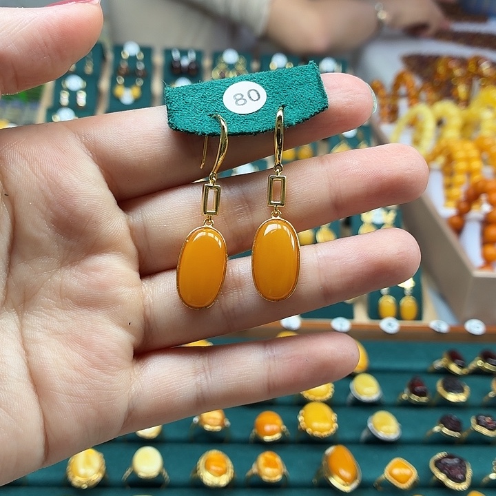 琥珀银S925镶嵌耳饰