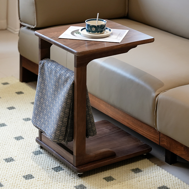 臻致美北美黑胡桃木家用实木沙发边几角几木质C型移动边几