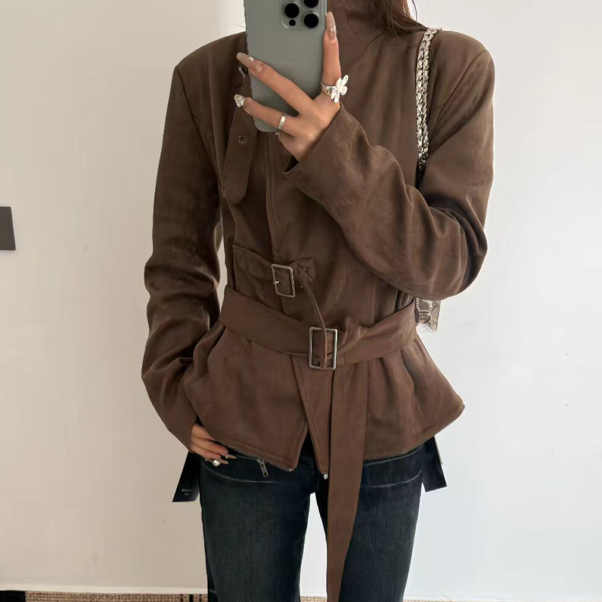 美拉德咖色麂皮绒收腰短外套韩系独特高级感轻熟风防风风衣