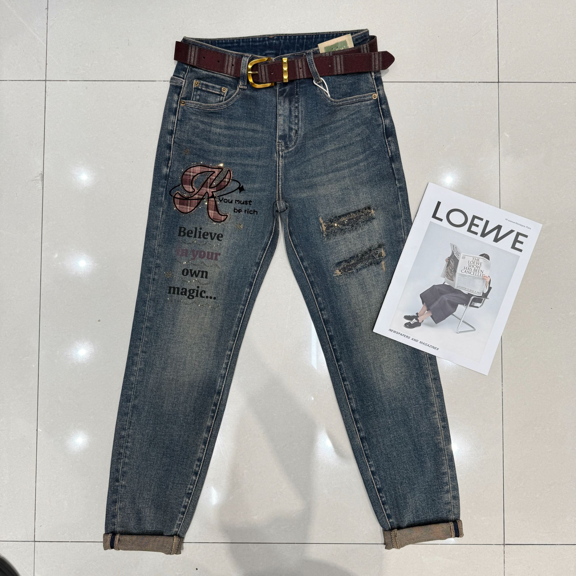 【廷轩】96035水洗显瘦百搭时尚欧货老爹裤秋弹性刺绣烫钻女牛仔裤