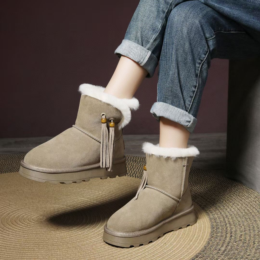 【舒适羊毛-头层牛皮-跟高5cm】七跃手工时尚百搭英伦风羊毛雪地靴