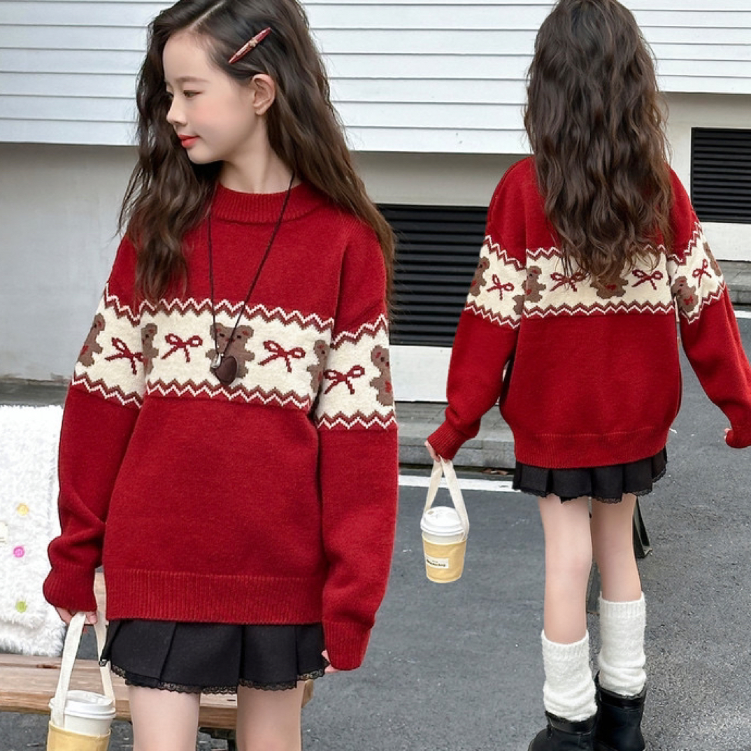 2025新款女童中大童韩版时尚小熊蝴蝶结毛衣