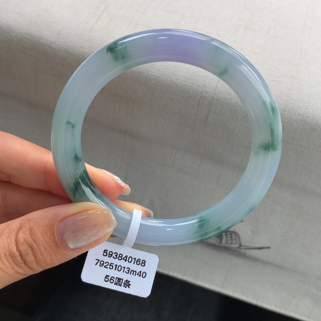 翡翠未镶嵌手镯细糯化胶蓝紫底飘花圆条手镯（强推）