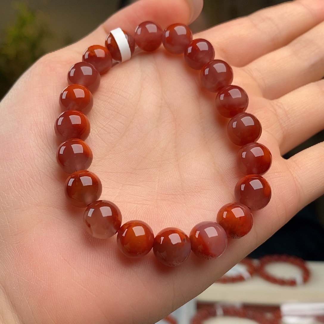 南红玛瑙未镶嵌手串原矿无胶9mm 牛血红瓦西火焰纹