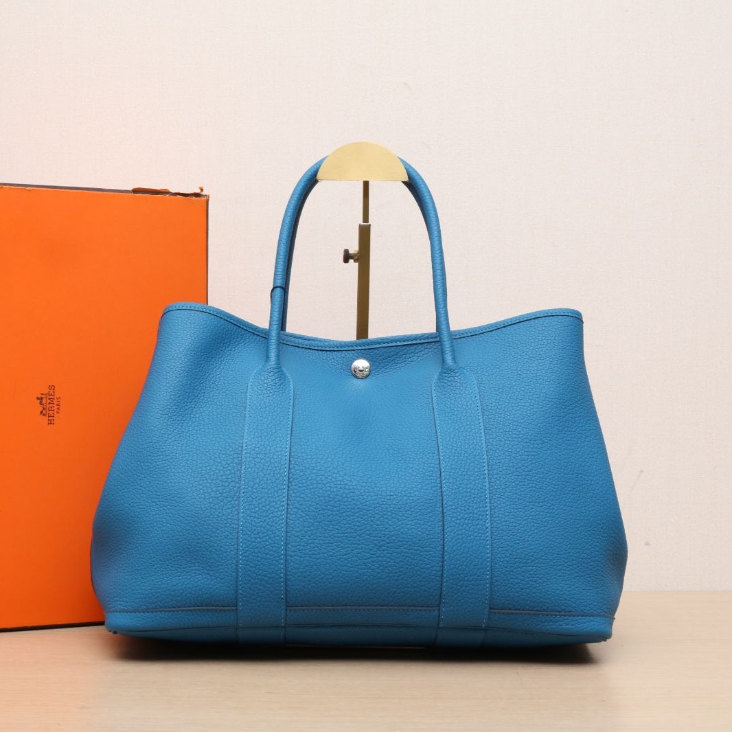 99新 Hermes/爱马仕 【黑黑】花园包 36 7B松石蓝 C刻 银扣