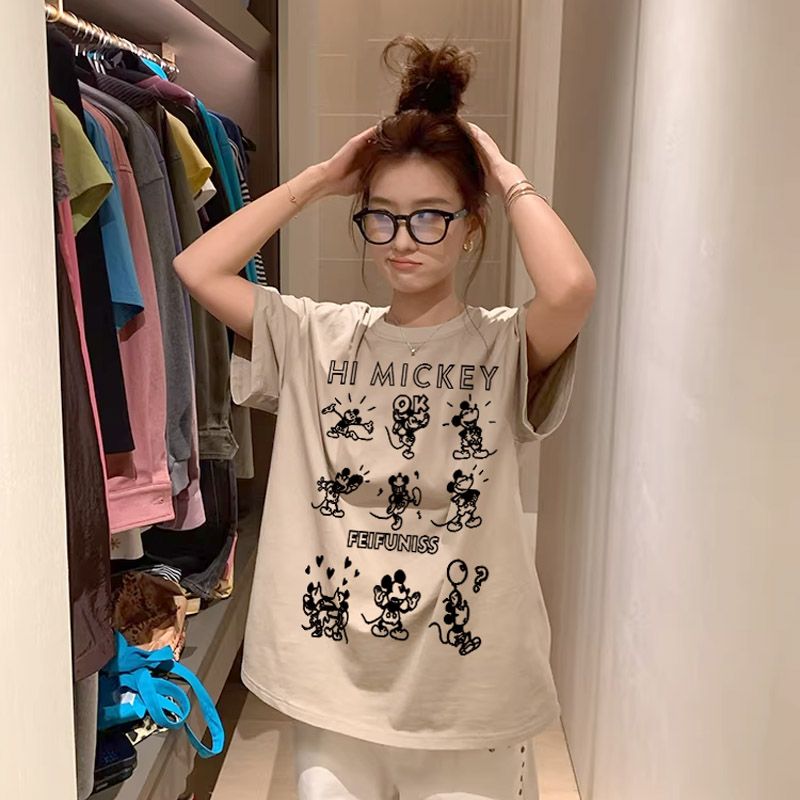 米奇前后图案港风ins潮牌百搭t恤上衣洋气女装纯棉短袖情侣装半袖