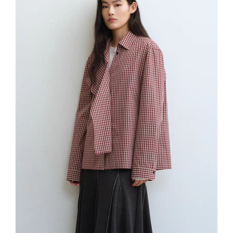 YOEYYOU搭片宽松衬衫女2025早春新款设计感时尚休闲格子衬衣上衣